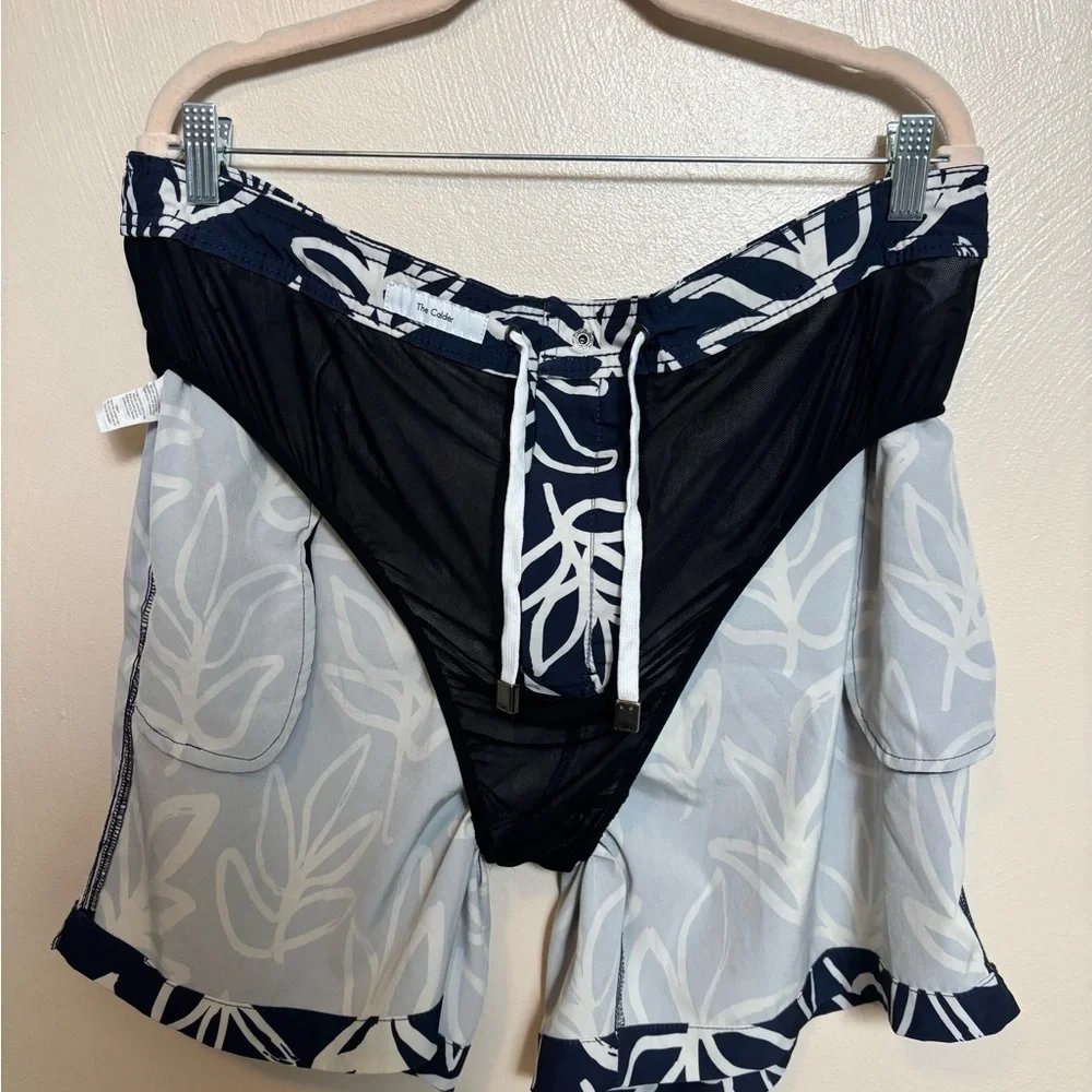 Onia‎ The Calder Mens Swim Trunks Shorts Floral Leaf Pattern Navy Blue White XXL